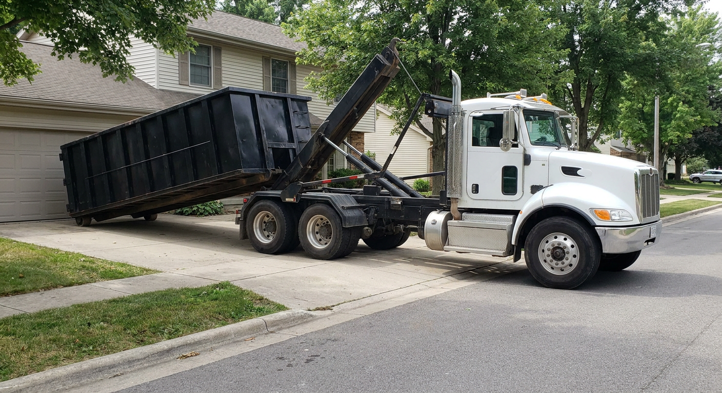 White-cab hooklift roll-off truck actively lowering a matte-black dumpster onto a Louisville residential concrete driveway, the dumpster's rear wheels touching the driveway as the hoist arm tilts the bed forward, mid-morning daylight.