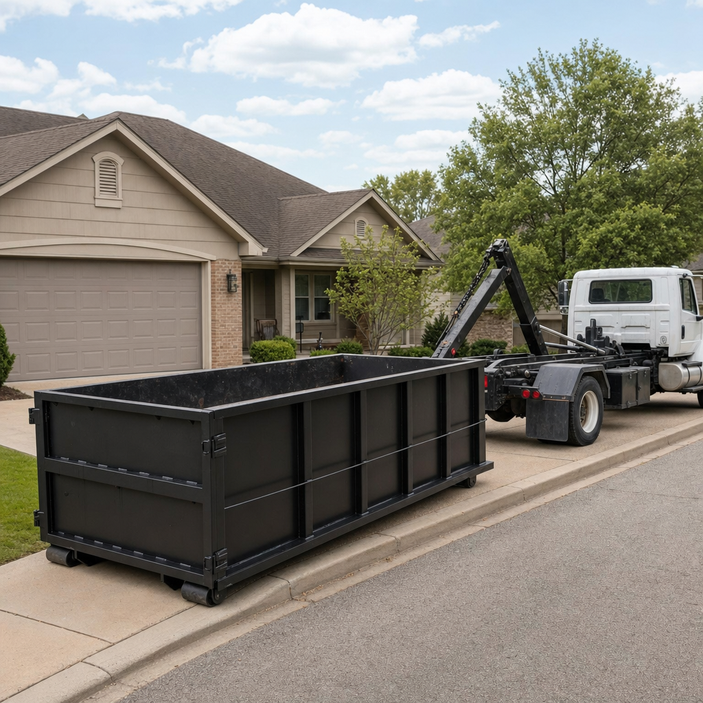 Wide documentary shot of a matte-black roll-off dumpster on a Louisville residential driveway in the foreground and a contractor jobsite container in the soft-focus background, bright daylight, calm and orderly composition.